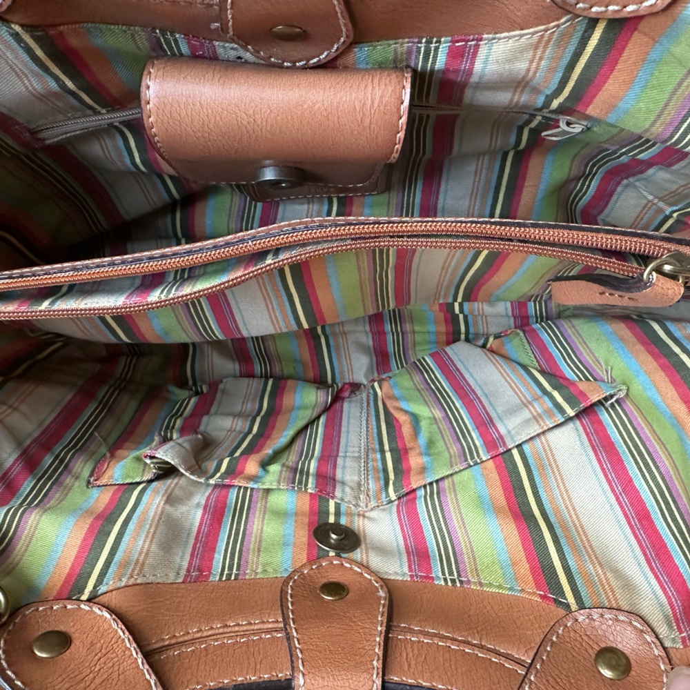 Coastal Boho Vintage Fossil Brown Leather & Floral-Embroidered Straw SatchelBag - Picture 9 of 15
